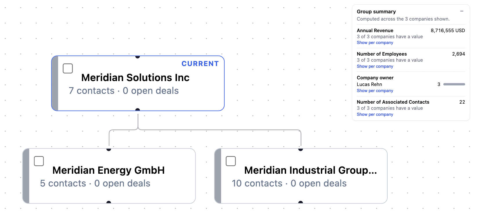 The group view with the Group summary panel open: annual revenue and employee totals, and companies counted per owner