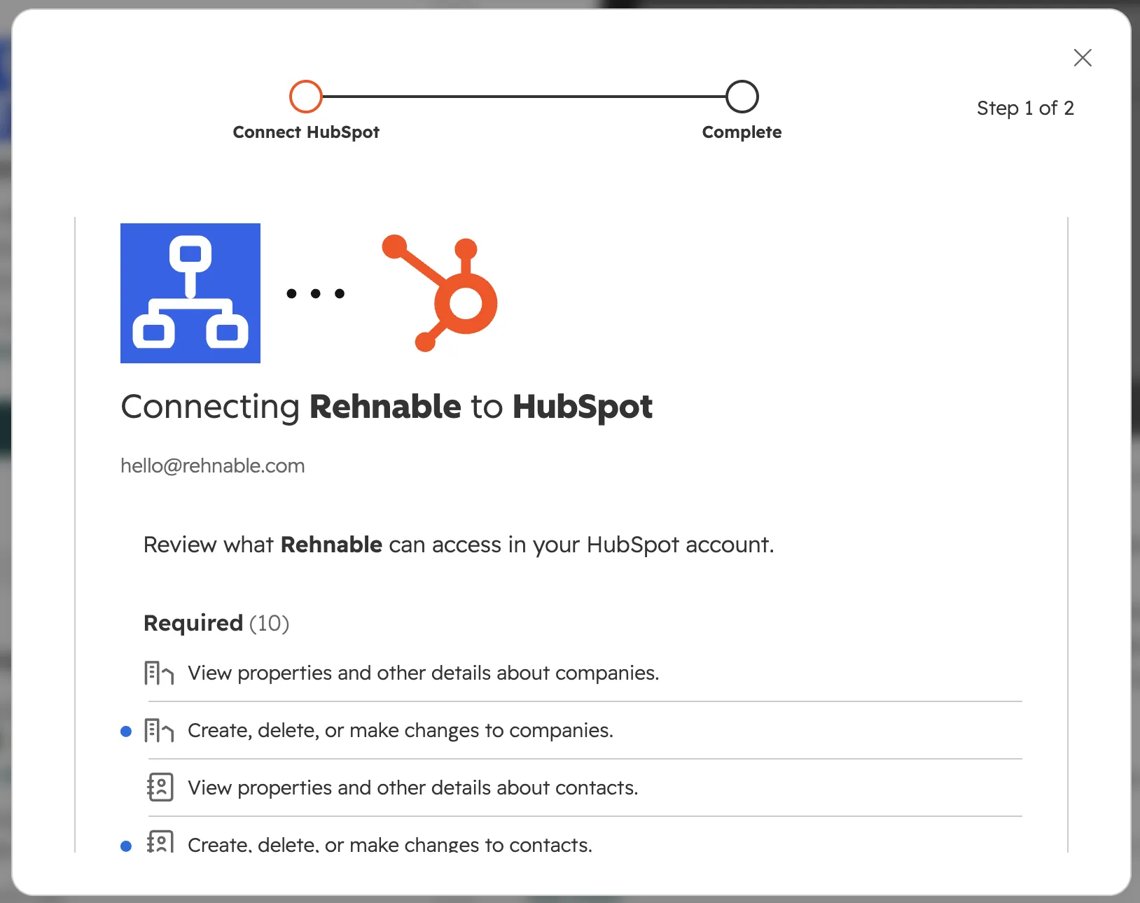 HubSpot's install screen, Connecting Rehnable to HubSpot: the Rehnable and HubSpot logos, Review what Rehnable can access in your HubSpot account, and a list headed Required (10) that starts with View properties and other details about companies.