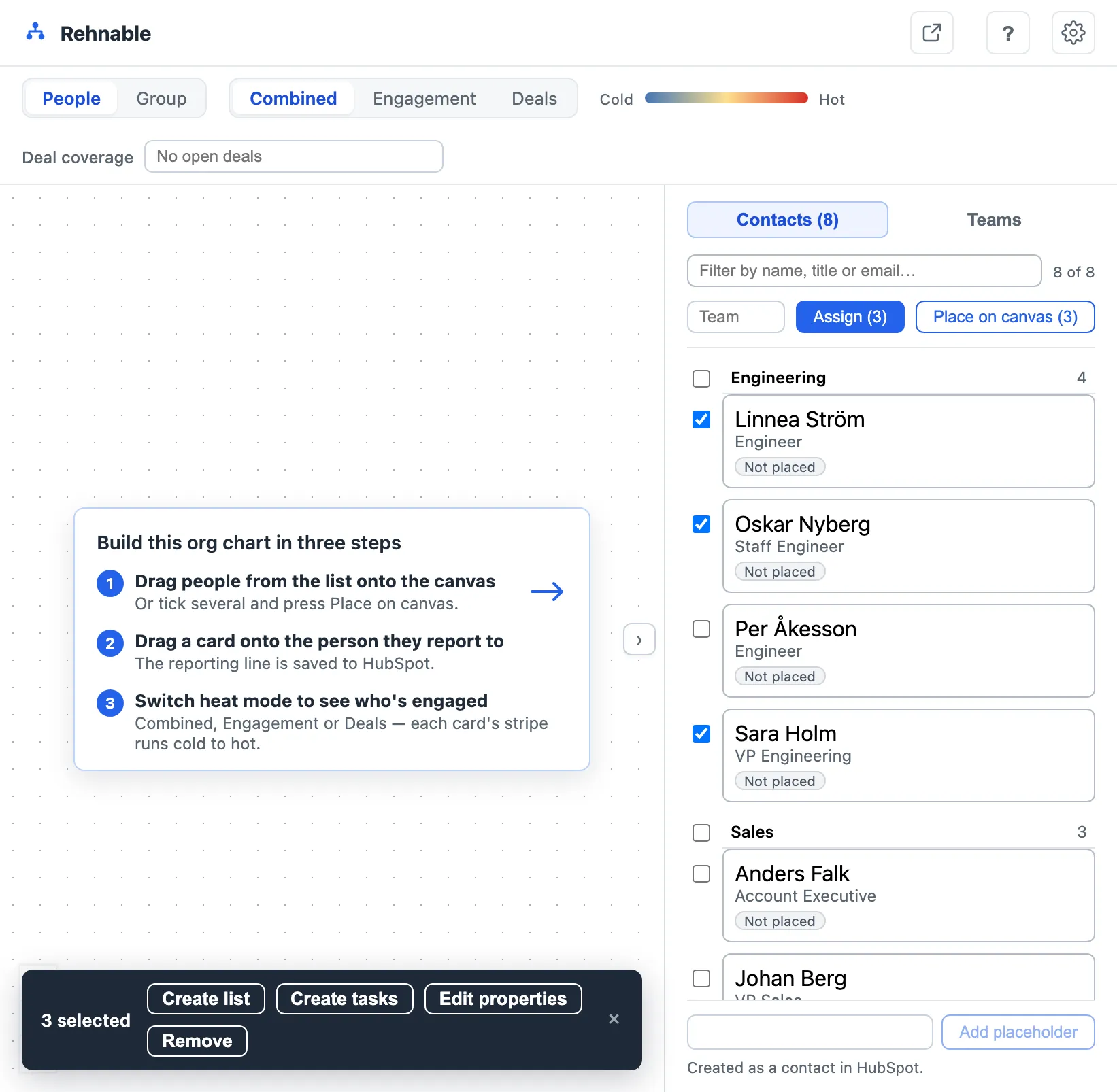The editor on a company with no reporting lines yet: the canvas shows three numbered getting-started steps, and three contacts are ticked in the Contacts panel on the right, above a Place on canvas (3) button.