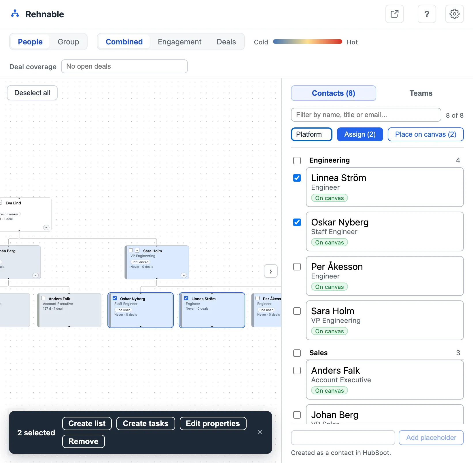 Two contacts ticked in the Contacts panel, the team name Platform typed into the Team field, and the Assign (2) button next to it.